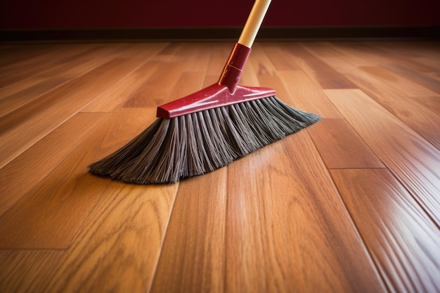 Closeup of a broom sweeping hardwood floor