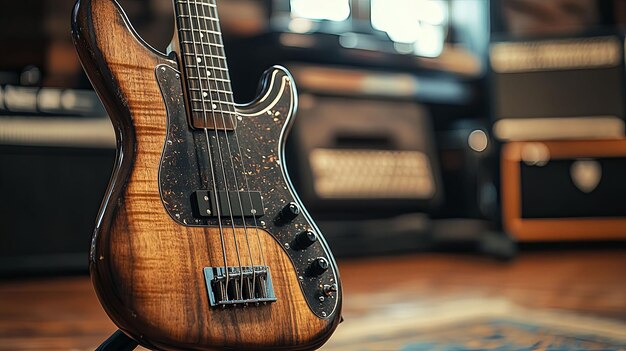 Photo closeup of a brown and black electric bass guitar