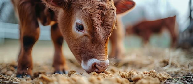 Photo closeup of a brown calf eating in a field