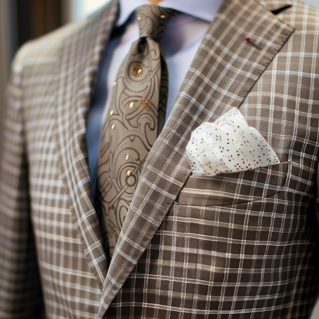 Closeup of a brown checkered suit jacket with a patterned tie and a white pocket square