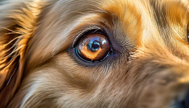 Closeup of a brown dogs eyes with blurred background showing detail of the dogs face