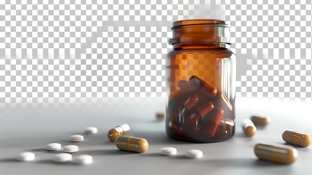 Closeup of a brown glass bottle of pills and capsules on a white table The bottle is about half full and the pills are spilling out onto the table