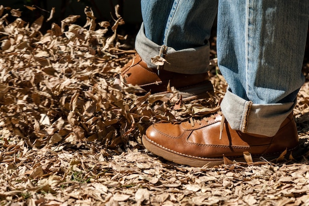 Closeup brown leather fashion shoes in the garden outdoor shoot