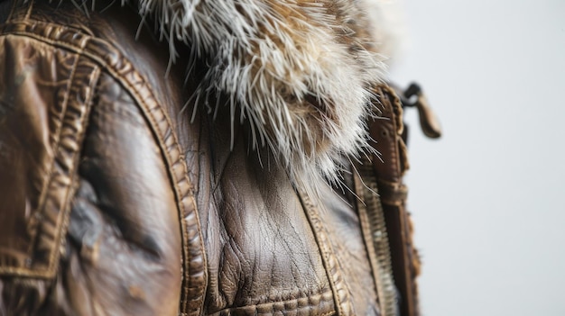 Closeup of a brown leather jacket with fur collar