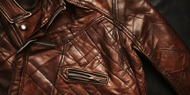 Photo closeup of brown leather jacket with quilted stitching and zipper