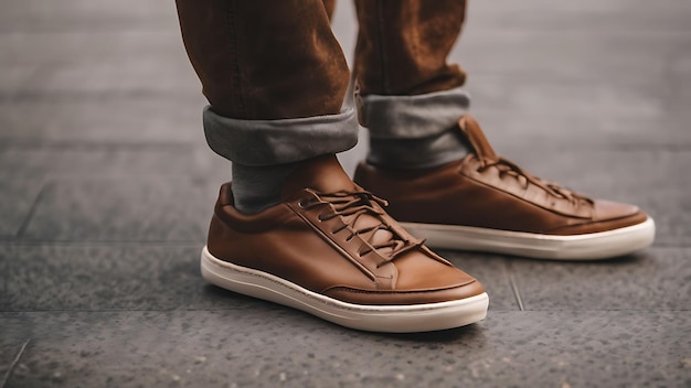 Photo closeup of brown leather sneakers on a grey surface