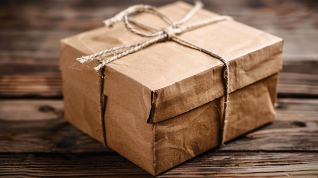 Photo closeup of a brown paper wrapped gift box tied with twine placed on a rustic wooden surface