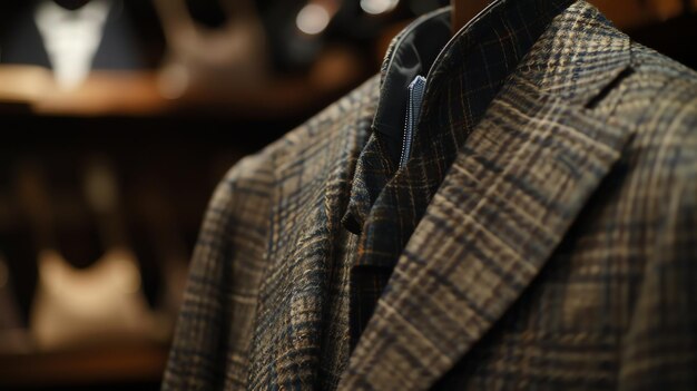 Photo a closeup of a brown tweed jacket with a dark brown lapel the jacket is tailored and has a slim fit