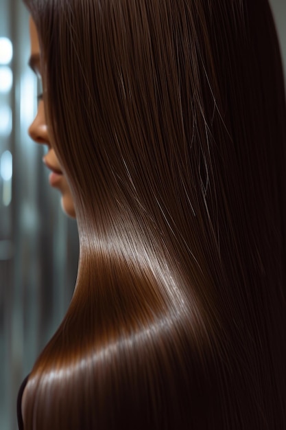 Closeup of a brunette womans silky straight hair