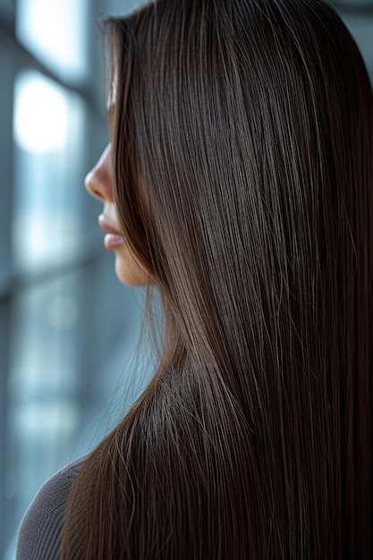 Closeup of a brunette womans silky straight hair