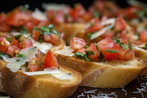 Closeup of bruschetta with fresh herbs and parmesan cheese visible