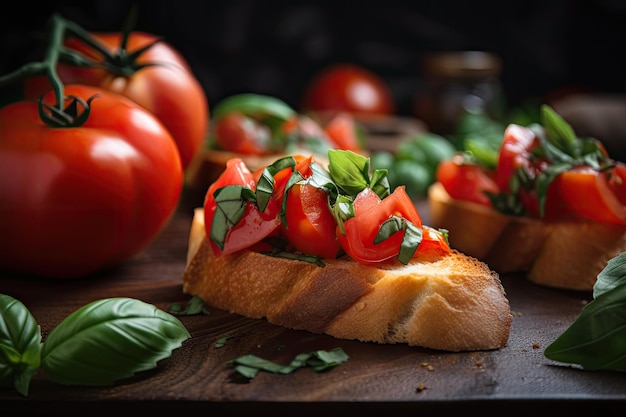 Closeup of bruschetta with garden fresh tomatoes and basil