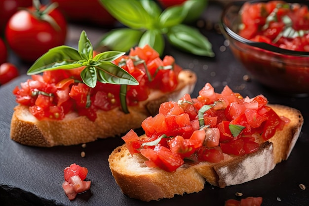 Closeup of bruschetta with toasted bread and delicious combination of ingredients