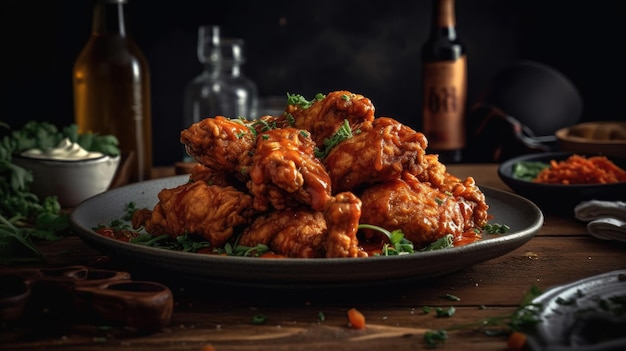 Closeup Buffalo Wings with cut vegetables on a black plate and blur background