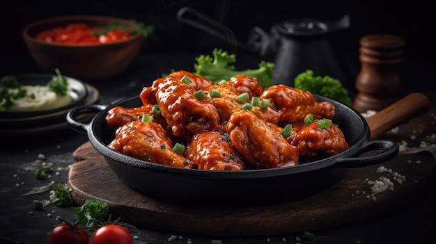 Closeup Buffalo Wings with cut vegetables on a black plate and blur background