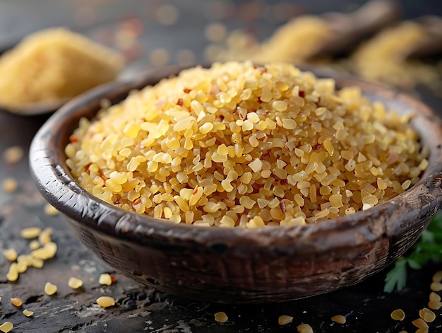 Closeup of Bulgur Wheat in Wooden Bowl Realistic Food Photography