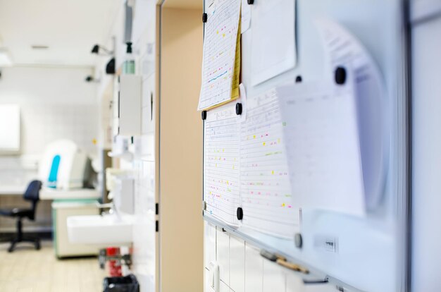 Photo closeup of bulletin board on wall in laboratory