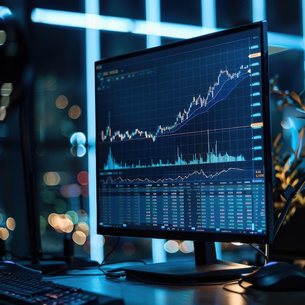 Closeup of a bullish market chart on a blue monitor enhanced with futuristic lighting aar 64 Job ID 71f3bb94e5924f3eb642c1e1d1974800