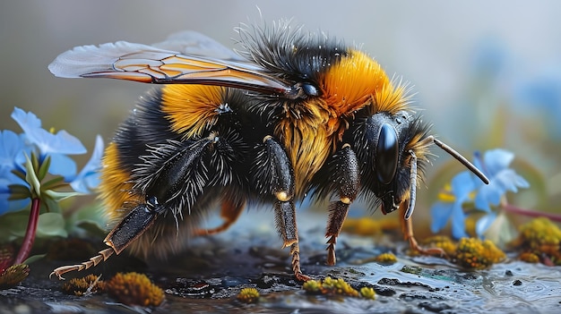 Closeup of a bumblebee on a vibrant flower showcasing detailed fuzzy texture and natural beauty