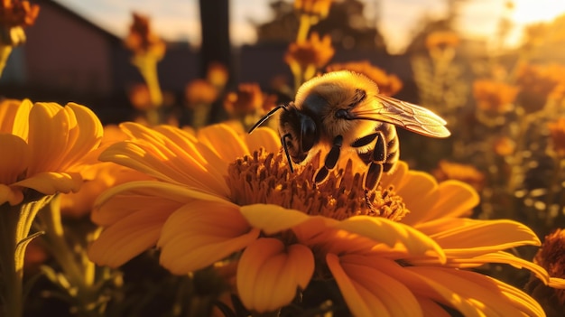 Closeup of a bumblebee on a yellow flower collecting Nectar Pollen at a soft sunset Nature Landscape Golden Hour Summer Animals Insects Wildlife concepts Horizontal photo