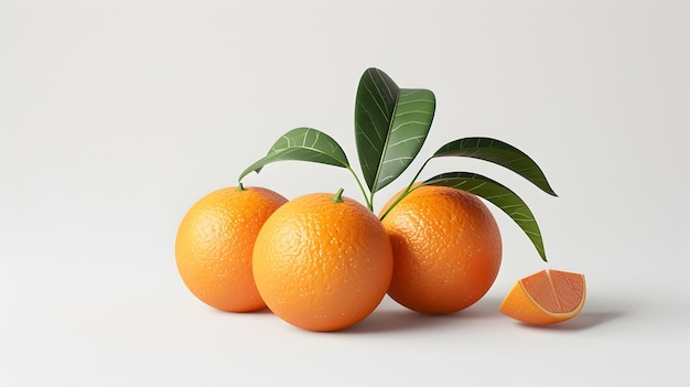 Closeup of a Bunch of Fresh Ripe Oranges with Green Leaves on a Plain White Background