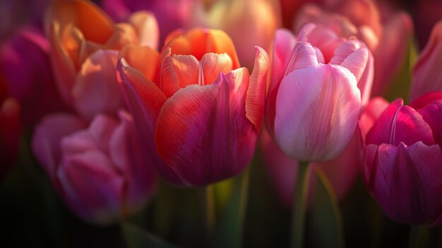 Photo closeup of a bunch of tulips with rich vibrant colors and soft lighting focusing on their graceful shapes and textures