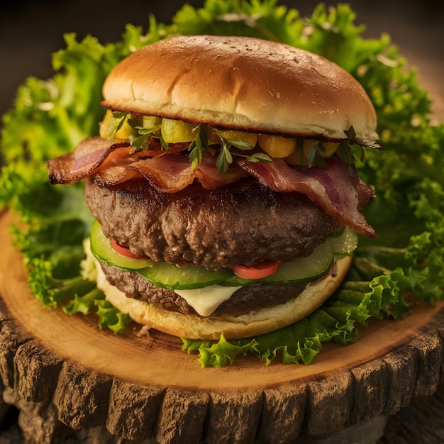 Closeup of burger on table