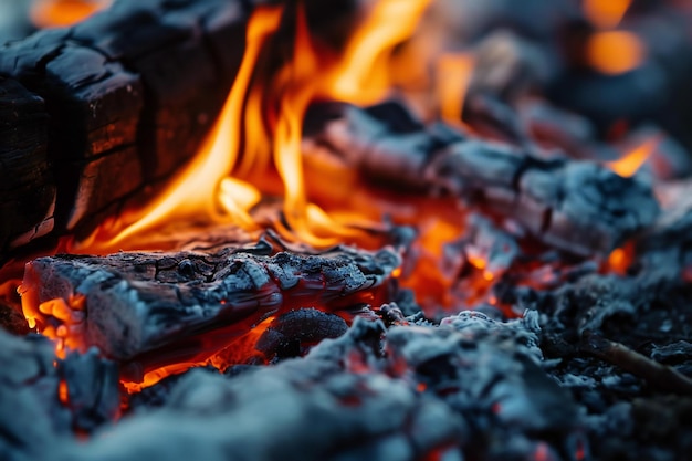 Closeup of burning coals in a campfire Bonfire background