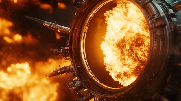 Photo closeup of burning fighter jet engine turbine