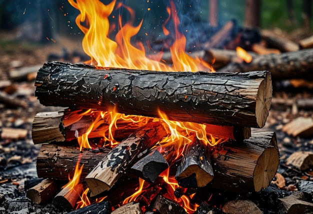 A closeup of burning firewood in a campfire radiating warmth and creating a cozy atmosphere