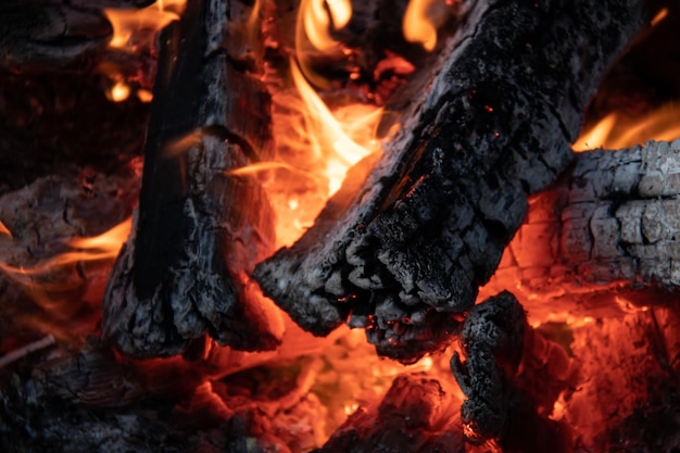 Closeup of burning firewood wisth small flame