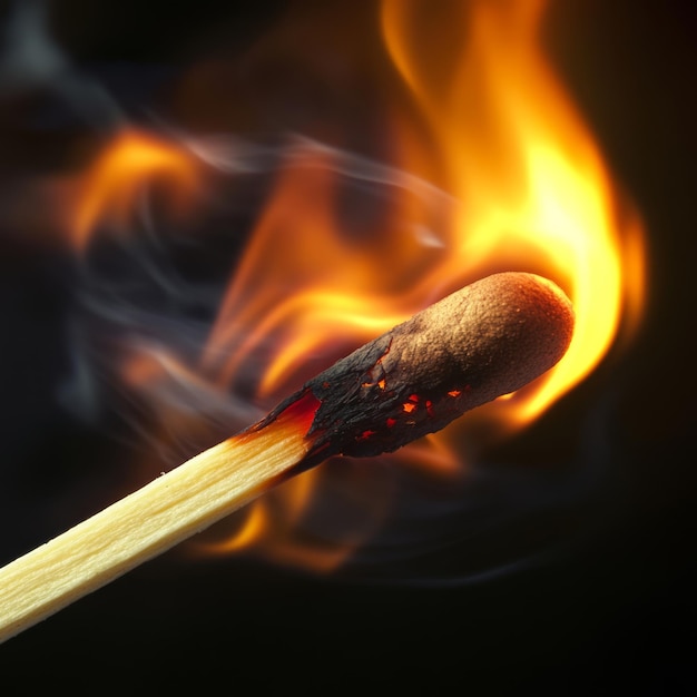 A closeup of a burning matchstick with a flame and smoke against a dark background