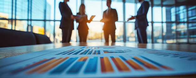 Photo closeup of business charts and graphs on a table with professionals discussing strategies in the background of a modern office