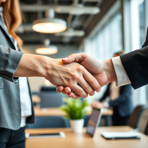 Photo closeup of business colleagues shaking hands in office