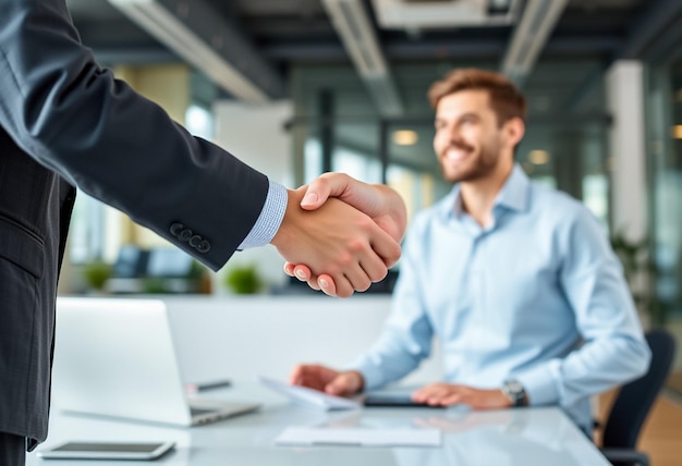 Photo closeup of business colleagues shaking hands in office