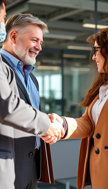 Photo closeup of business colleagues shaking hands in office