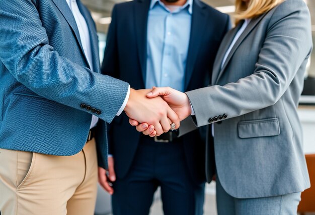 Photo closeup of business colleagues shaking hands in office