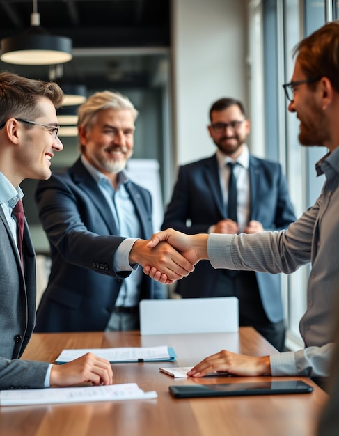 Photo closeup of business colleagues shaking hands in office