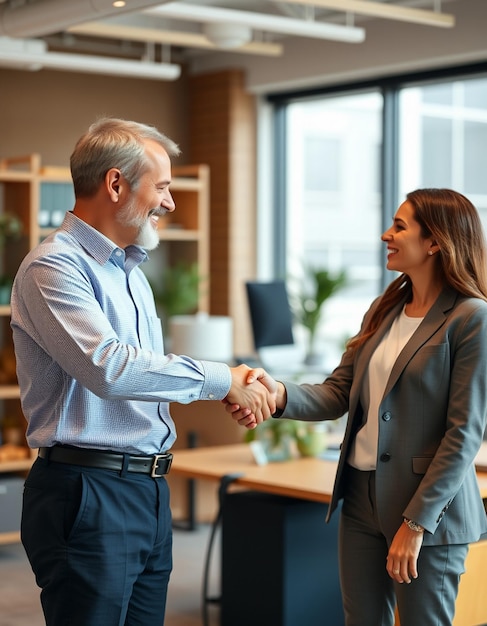 Photo closeup of business colleagues shaking hands in office