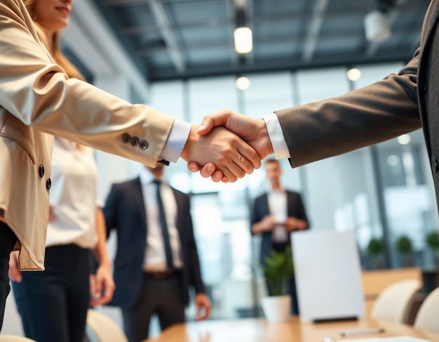 Photo closeup of business colleagues shaking hands in office