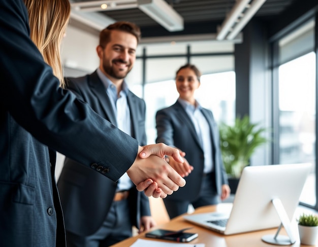 Photo closeup of business colleagues shaking hands in office