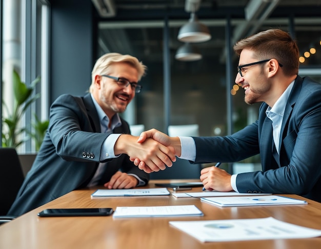 Photo closeup of business colleagues shaking hands in office