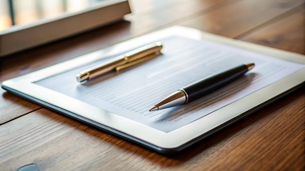 Photo closeup of a business contract with a pen for document signing and legal agreements