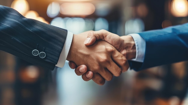 Closeup of a business handshake in a modern office setting symbolizing partnership agreement and professional success