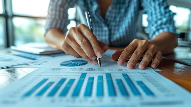 Closeup of a business person analyzing financial charts and graphs during a meeting Focus