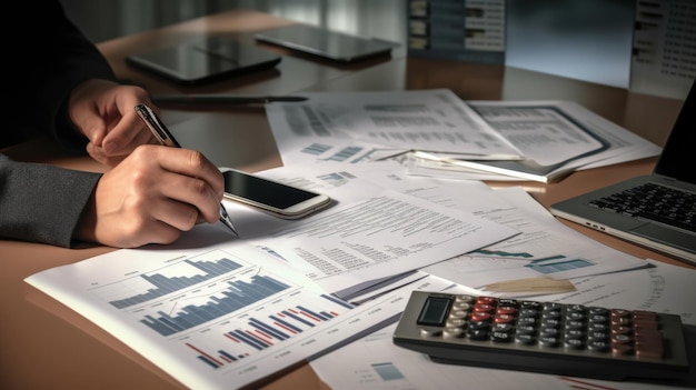 Closeup of a business professional analyzing financial reports with a smartphone and laptop