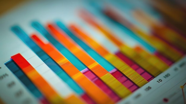 Photo a closeup of a business report with colorful bar and line graphs