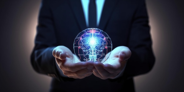 Closeup of businessman hand holding digital image of brain in palm digital technology perspective