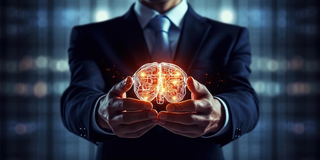 Closeup of businessman hand holding digital image of brain in palm digital technology perspective