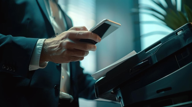 Photo closeup a businessman hand holding a mobile phone while using printer scanner in office generate ai